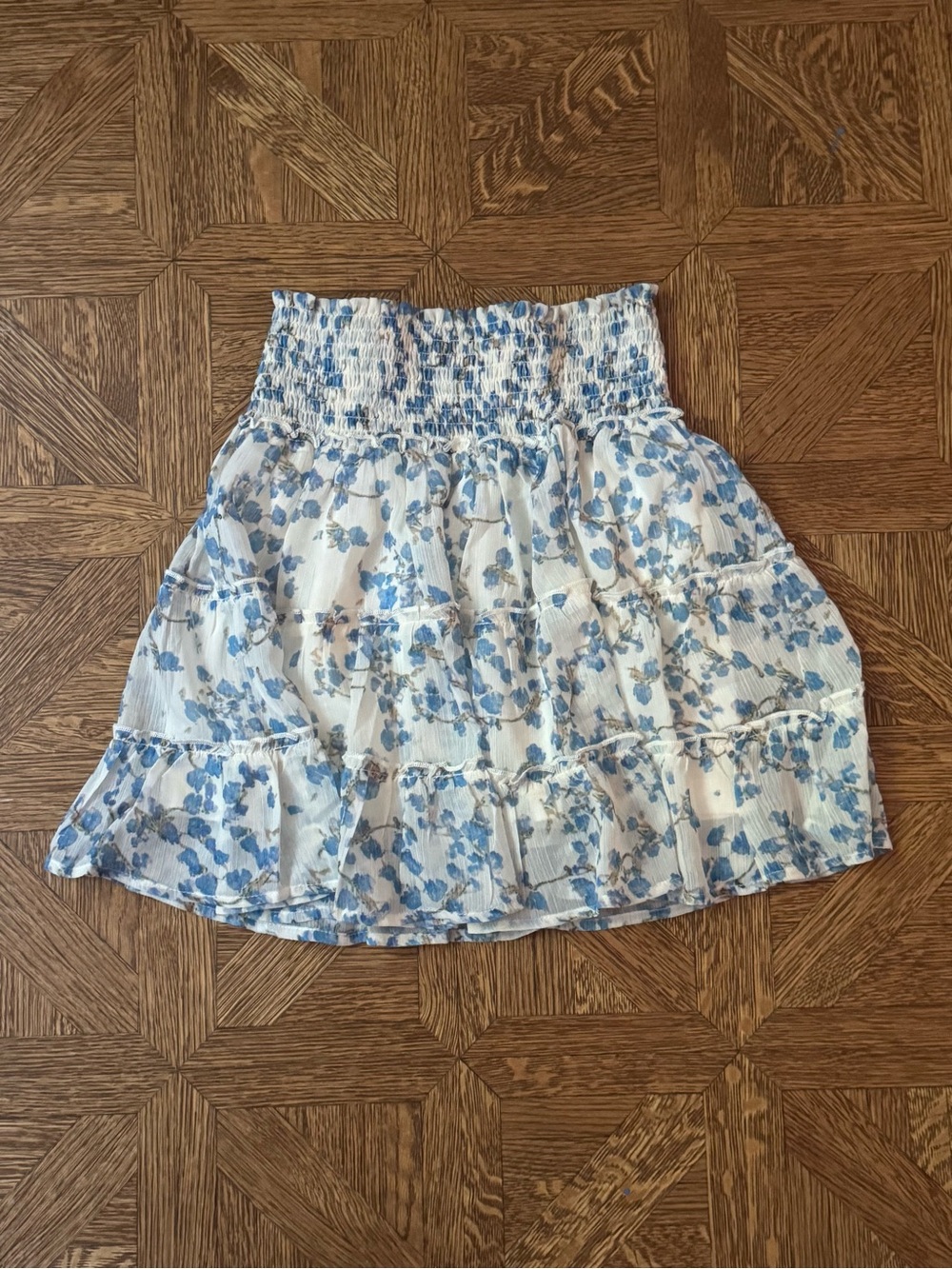 White & Blue Floral Smocked Waist Skirt